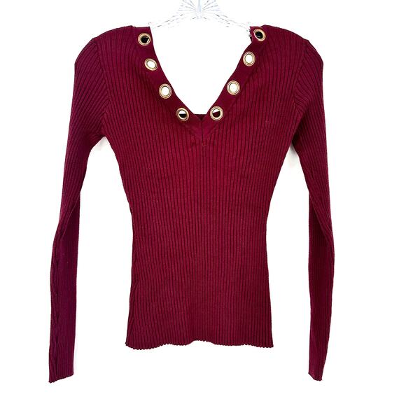 Venus Womens Ribbed Knit Top Sz Small Burgundy Cotton V Grommet Neck Long Sleeve - Picture 1 of 11